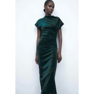 NWT ~ Zara ~ Long green velvet party holiday dress MINOR FLAW